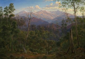 Hora Kosciusko při pohledu od viktoriánské hranice (Mount Hope Ranges) od Eugene von Guérard