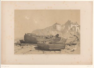 Skalnaté pobřeží s loděmi a rybářskou vesnicí od Eugène Cicéri (attributed to)