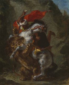 Arabský jezdec napadený lvem od Eugène Delacroix