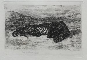 Krčící se tygr v poušti od Eugène Delacroix