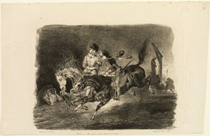 Faust a Mefistofeles cválají nocí čarodějnického sabatu od Eugène Delacroix
