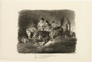 Faust a Mefistofeles cválající nocí čarodějnického sabatu, z knihy Faust od Eugène Delacroix
