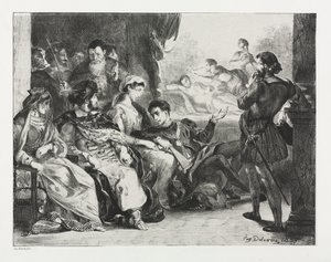 Hamlet: Hamlet přikazuje hercům, aby udělali scénu z otravy jeho otce od Eugène Delacroix