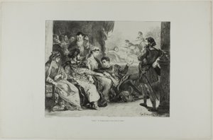 Hamlet přiměje hráče, aby předvedli otrávení jeho otce, deska 7 z Hamleta od Eugène Delacroix