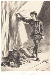 Hamlet a Poloniovo tělo (dějství III, scéna IV) od Eugène Delacroix