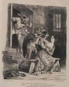 Ilustrace k Faustovi: Faust ve vězení Marguerite od Eugène Delacroix