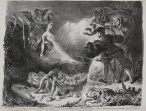 Ilustrace k Faustovi: Faustovi se zjevuje Markétin stín od Eugène Delacroix