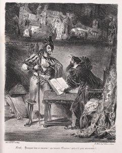 Ilustrace k Faustovi: Mefistofeles navštíví Fausta od Eugène Delacroix