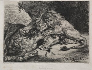 Lev požírající koně od Eugène Delacroix