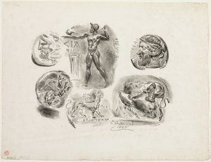 List šesti starožitných medailí od Eugène Delacroix