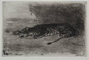 Tygr spí u vchodu do svého doupěte od Eugène Delacroix