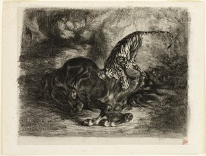 Divoký kůň sražený tygrem od Eugène Delacroix