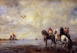 Volavka loví arabské jezdce lovící volavku. Obraz Eugena Fromentina (1820-1876) 1865 Ne. 0,99x1,42 m Chantilly, Musee Conde