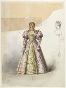 Btv1b84558104 62 - Saint-Saëns - Jindřich VIII - Modely kostýmů - Lacoste - 62. Anna Boleynová s koltou od Eugene Lacoste