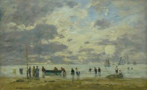 Francouzština:  Plage de Deauville Pláž Deauville od Eugene Louis Boudin