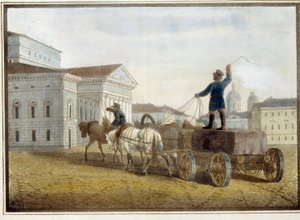 Doprava žulových bloků na divadelní náměstí v Petrohradě. Dílo Eugene Plucharta (1809-1880), akvarel na litografii