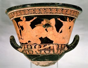 Podkrovní červenofigurový kalich-krater zobrazující Herakla zápasícího s Antaeem, z Cervetri, Itálie, kolem 510 př. n. l. (keramika) (viz také 92570)