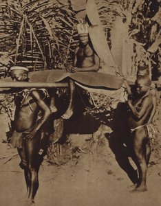 Náčelník afrického kmene Pygmejů nesený na nosítkách (černobílá fotografie) od European Photographer