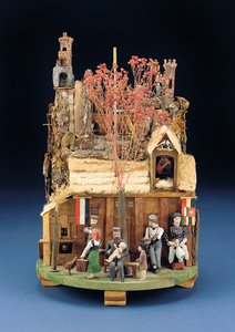 Vojenská mechanická scéna vojáků, dřevěné figurky před doškovým domem, konec 19. století od European School