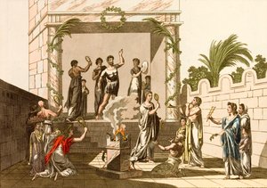 Staří Římané provádějící obřady Isis, Pompeje (barevná rytina) od European School