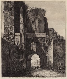 Oblouky konzulů Dolabella a Silanus uzavřené v neronských obloukech Acqua Claudia, Řím, Itálie (rytina) od European School