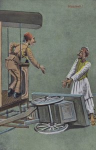 Hádka, když tramvaj převrhne vozík pouličního prodavače (barevná litografie) od European School