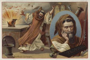 Berthold Schwarz, legendární německý alchymista ze 14. století, o kterém se tvrdí, že vynalezl střelný prach od European School