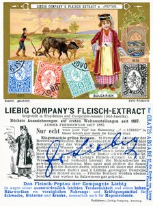 Bulharské poštovní známky, přední a zadní strana propagačního lístku Liebig, 1897 od European School