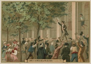 Camille Desmoulins vydává své volání do zbraně před Palais Royal, Paříž, Francouzská revoluce, 12. července 1789 od European School