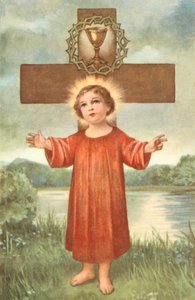 Dítě Kristus, kříž, trnová koruna a kalich na přijímání (barevná litografie) od European School