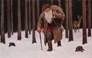 Vánoční pohlednice, Santa Claus se prodírá sněhem s pytlem dárků, v pozadí jelen (barevná litografie) od European School