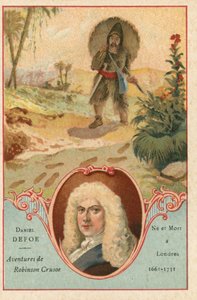 Daniel Defoe, anglický romanopisec, a scéna z Robinsona Crusoe od European School