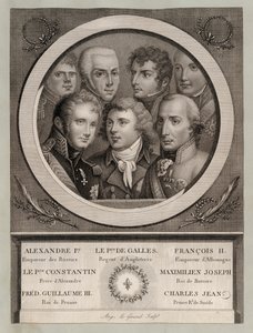 Evropská královská rodina počátku 19. století: František II., císař Svaté říše římské, ruský velkokníže Konstantin Pavlovič, Maxmilián Josef, bavorský král a kurfiřt Pa od European School