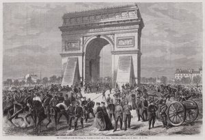 Němečtí vojáci u Arc de Triomphe, Paříž, po zajištění vítězství ve francouzsko-pruské válce, 2. března 1871 (rytina) od European School