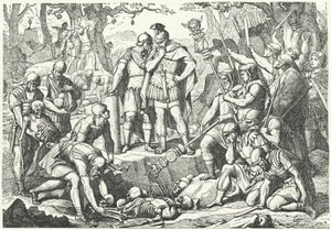 Germanicus pohřbívající kosti vojáků tří římských legií, kterým velel Publius Quinctilius Varus, zničené Germány v bitvě u Teutoburského lesa v roce 9 př. n. l. (rytina) od European School