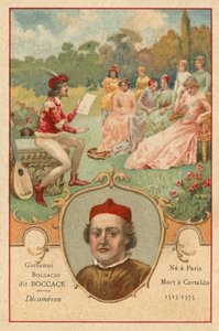 Giovanni Boccaccio, italský spisovatel a básník, a scéna z Dekameronu od European School