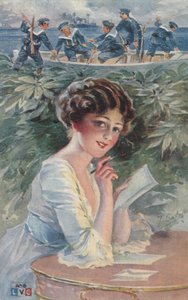Dívka píšící námořníkovi (barevná litografie) od European School