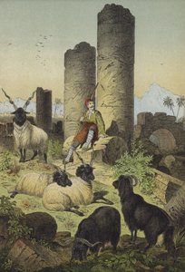 Řecký pastýř s valašskými ovcemi a syrskými kozami (barevná litografie) od European School