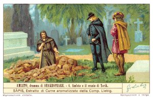 Hamlet uvažuje o lebce Yoricka (chromolitho) od European School