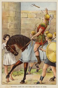 Hannibal vrhá svou sekeru přes hradby Říma (chromolitho) od European School