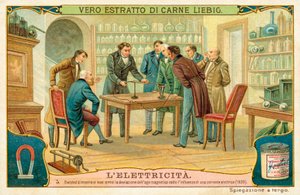 Hans Christian Oersted ukazuje svým přátelům odchylku magnetické střelky pod vlivem elektrického proudu, 1820 od European School