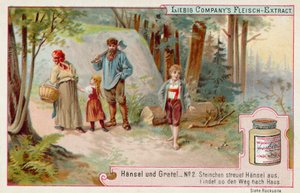 Jeníček a Mařenka: Jeníček zanechávající oblázkovou stopu, aby našel cestu domů (chromolitho) od European School