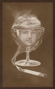 Obrázek ženské tváře, vytvořený sklenicí vína a cigaretovým kouřem, cca 1917 (litografie) od European School
