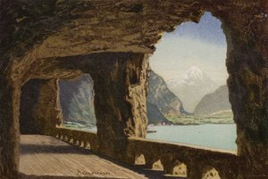 Lucernské jezero: Axenstrasse (barevná litografie) od European School