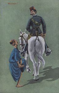 Muž trpící bolestí poté, co mu kůň a jezdec šlápli na nohu (barevná litografie) od European School