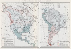 Mapa ras a civilizací Ameriky (barevná litografie) od European School