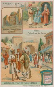 Mauzoleum Ahmada Shaha Durraniho v Kandaháru, bohatí Afghánci a pohled na bránu a bazary Kábulu od European School