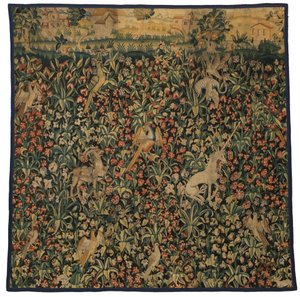 Fragment tapisérie Mille fleurs zobrazující zvířata, ptáky a krajinu, cca 1500 (vlna) od European School