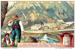 Horníci a důlní budovy ve zlatých dolech Monte Rosa, Itálie (chromolitho) od European School
