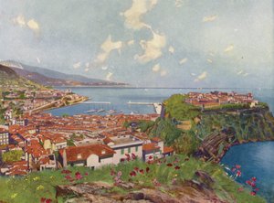Monako, skála a celkový pohled (barevná litografie) od European School